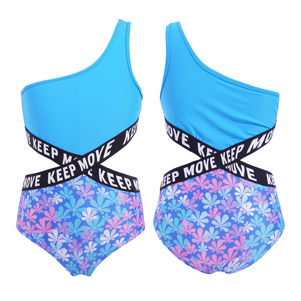 Kids Girls Hollow Out One-piece Swimwear Single Shoulder Letter Print Bodysuit Swimsuit Pool Bathing Suit Beachwear Sportswear