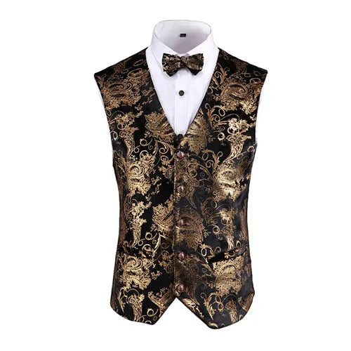 Gold Steampunk Sleeveless Vest Coat Men's, Single Breasted V Neck Waistcoat,Gold Silver Red Business Wedding Party Man Vests 5xl