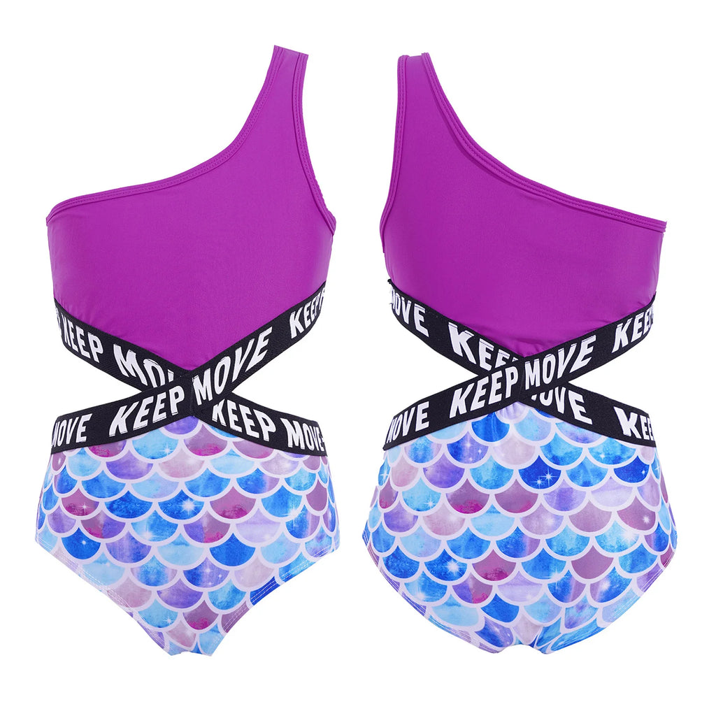 Kids Girls Hollow Out One-piece Swimwear Single Shoulder Letter Print Bodysuit Swimsuit Pool Bathing Suit Beachwear Sportswear