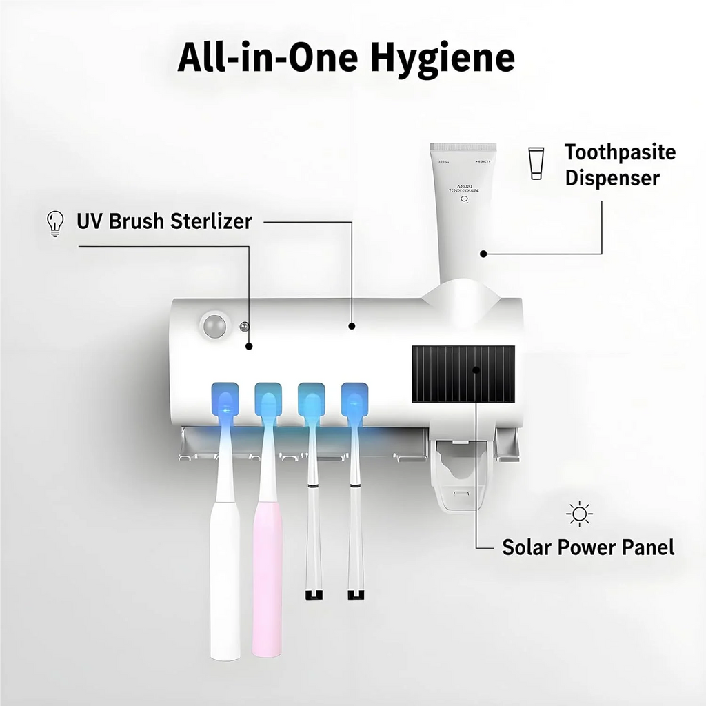 A wall mounted solar ultraviolet toothbrush sterilizer, with Automatic Toothpaste Dispenser&Squeezing Kit & bathroom accessories