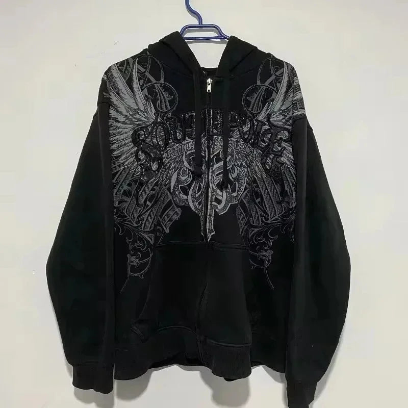 Korean Fashion Simple Gray Double-Sided Oversized Zipper Hoodie Women's Y2K New Harajuku Gothic Casual Joker Couple Street Wear