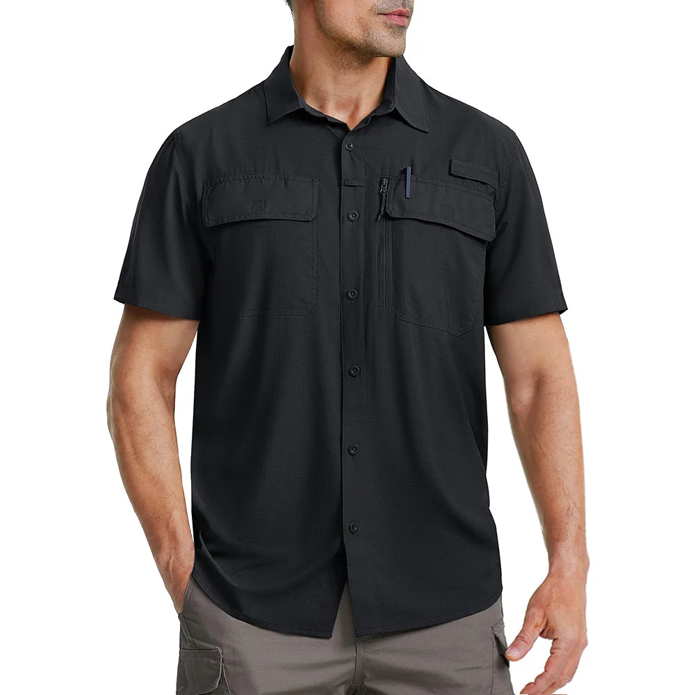 TACVASEN Quick Dry Short Sleeve Shirts Men's UPF 50+ Sun Protection Work Cargo Shirts Mesh Breathable Hiking Fishing Shirts Man