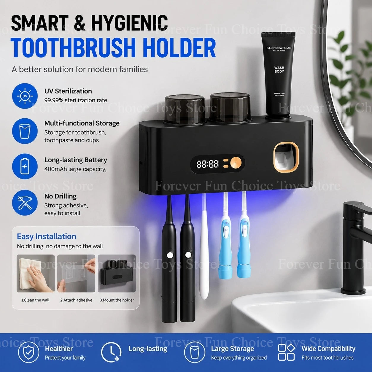 Toothbrush Sterilizer Uv Wireless Sterilization Toothbrush Holder Portable Rechargeable Wall-mounted Electric Toothbrush Holder