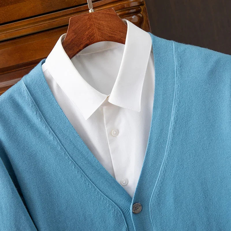 BROWON Brand Mens Sweater Cardigan Business Casual Classic V-neck Solid Color Cardigan Men Sweater Korean Fashion Mens Clothes