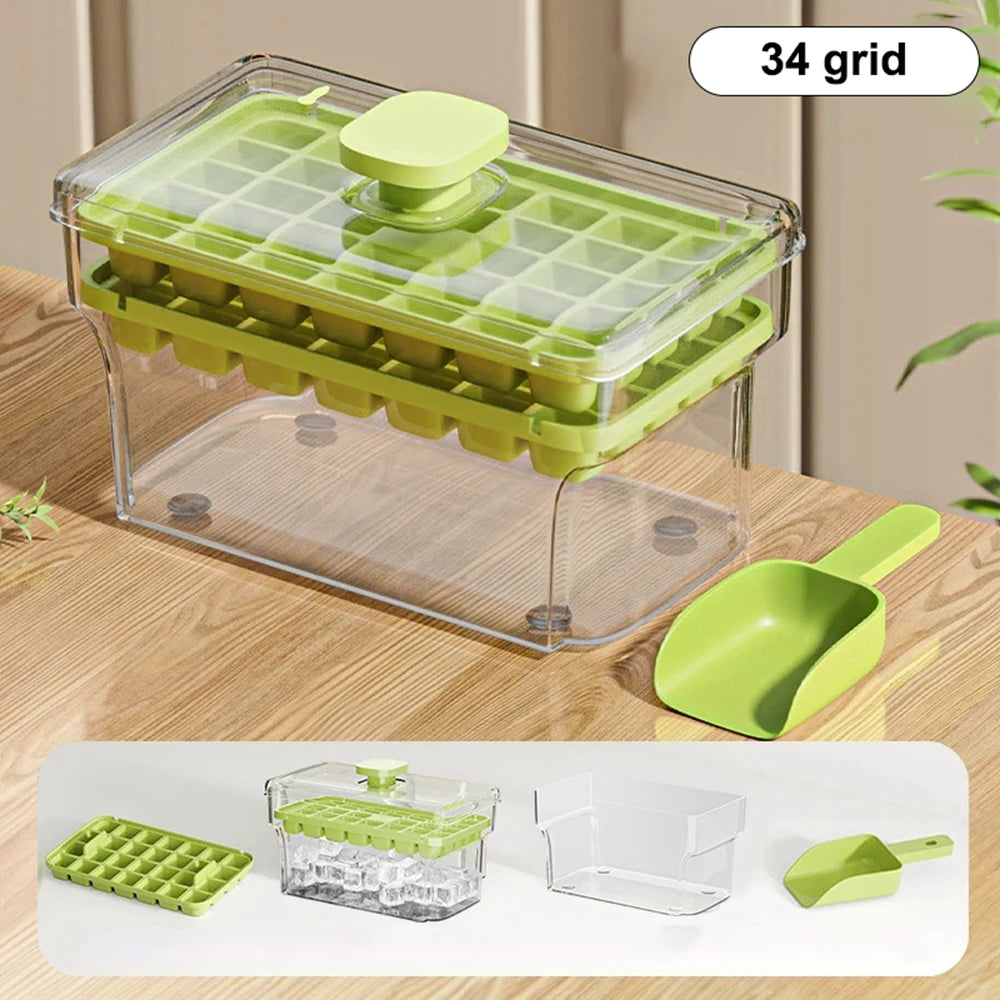 34/68 Cavity Double-Layer Press Type Ice Cube Tray with Storage Box Quick-Freeze Ice Maker Kitchen Gadget in Green and Yellow