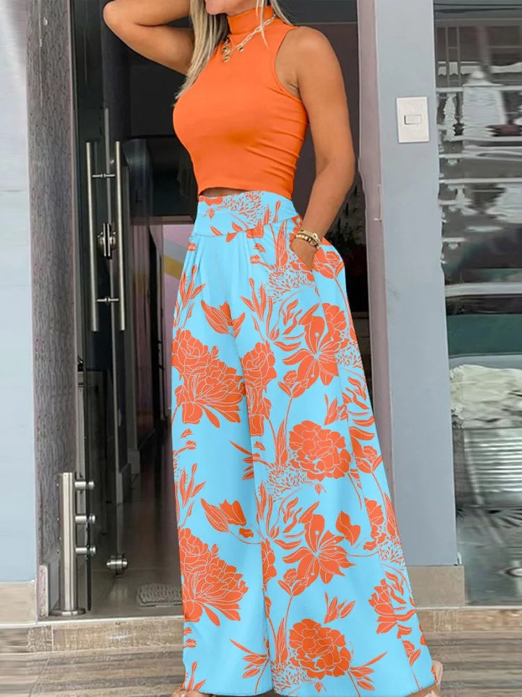 2025 Summer Fashion Printing Two Piece Set Women Casual Solid Sleeveless Tank Top Wide Leg Pants Two Piece Set Women