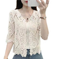 Women Knitted Lace Shrug Boho Hollow Crochet Floral 3/4 Sleeves Open Front Cropped Cardigan Elegant Mesh Sweater Coveup