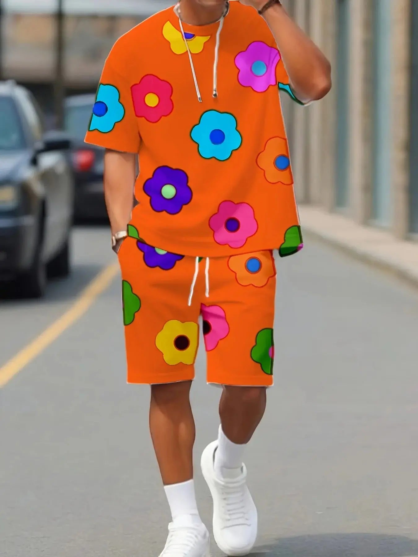 Summer 2025 new men's set with colorful flower prints, casual set with round neck, short sleeve T-shirt and shorts, summer outdo