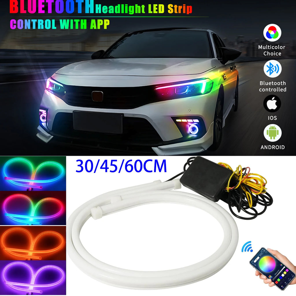 LED Light Strip APP Bluetooth Control RGB Multi-color Headlights 30/45/60CM LED Daytime Running Lights Flexible DRL Tube 12V 2X