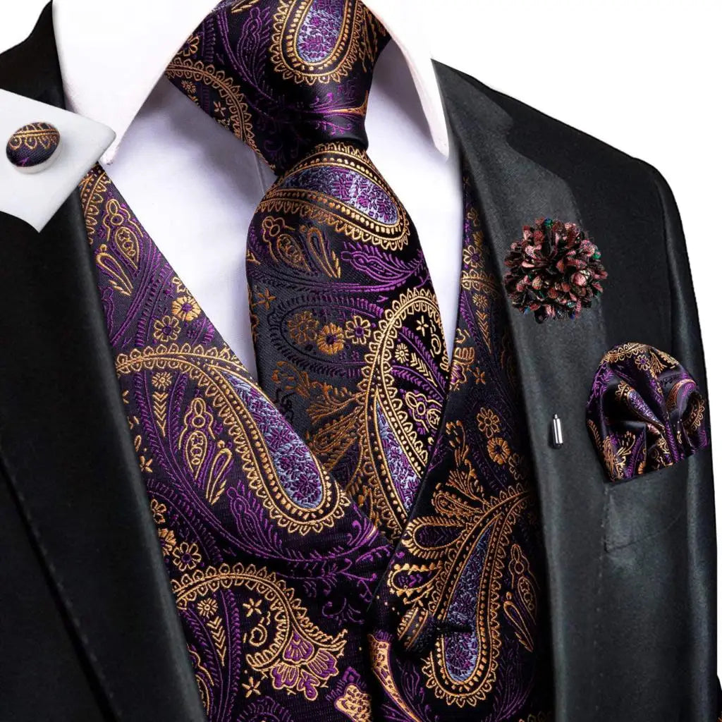 Hi-Tie High Quality Silk Mens Vests Champagne Paisley Waistcoat Neck Tie Hanky Cufflinks Brooch Set for Men Suit Wedding Office