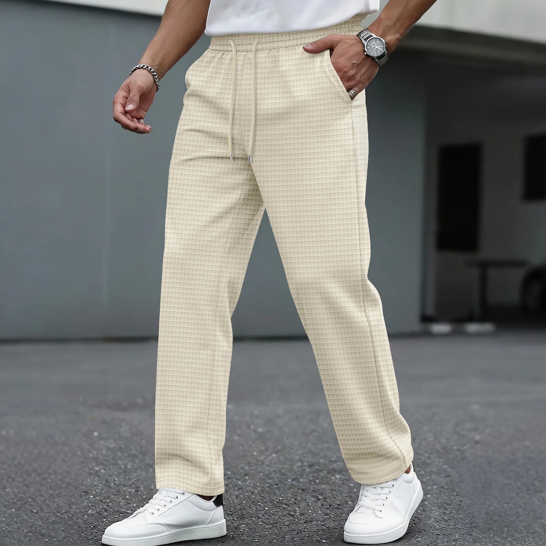 Men's Waffle Knit Casual Pants, with Elastic Waist Design, Straight-Leg Fit, Suitable for Daily Wear, for Street Style Outfits.
