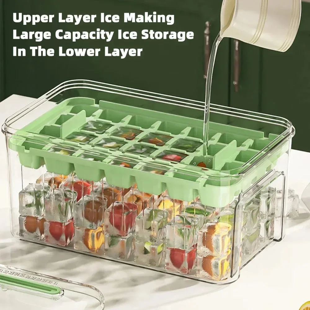 34/68 Cavity Double-Layer Press Type Ice Cube Tray with Storage Box Quick-Freeze Ice Maker Kitchen Gadget in Green and Yellow
