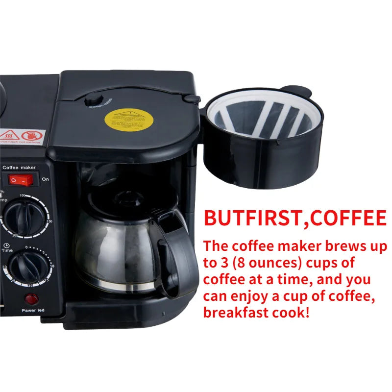 3 In 1 Family Size Multifunctional Breakfast Station Drip Coffee Maker Toaster Oven Non-Stick Griddle Quick Clean Adjustable Tem