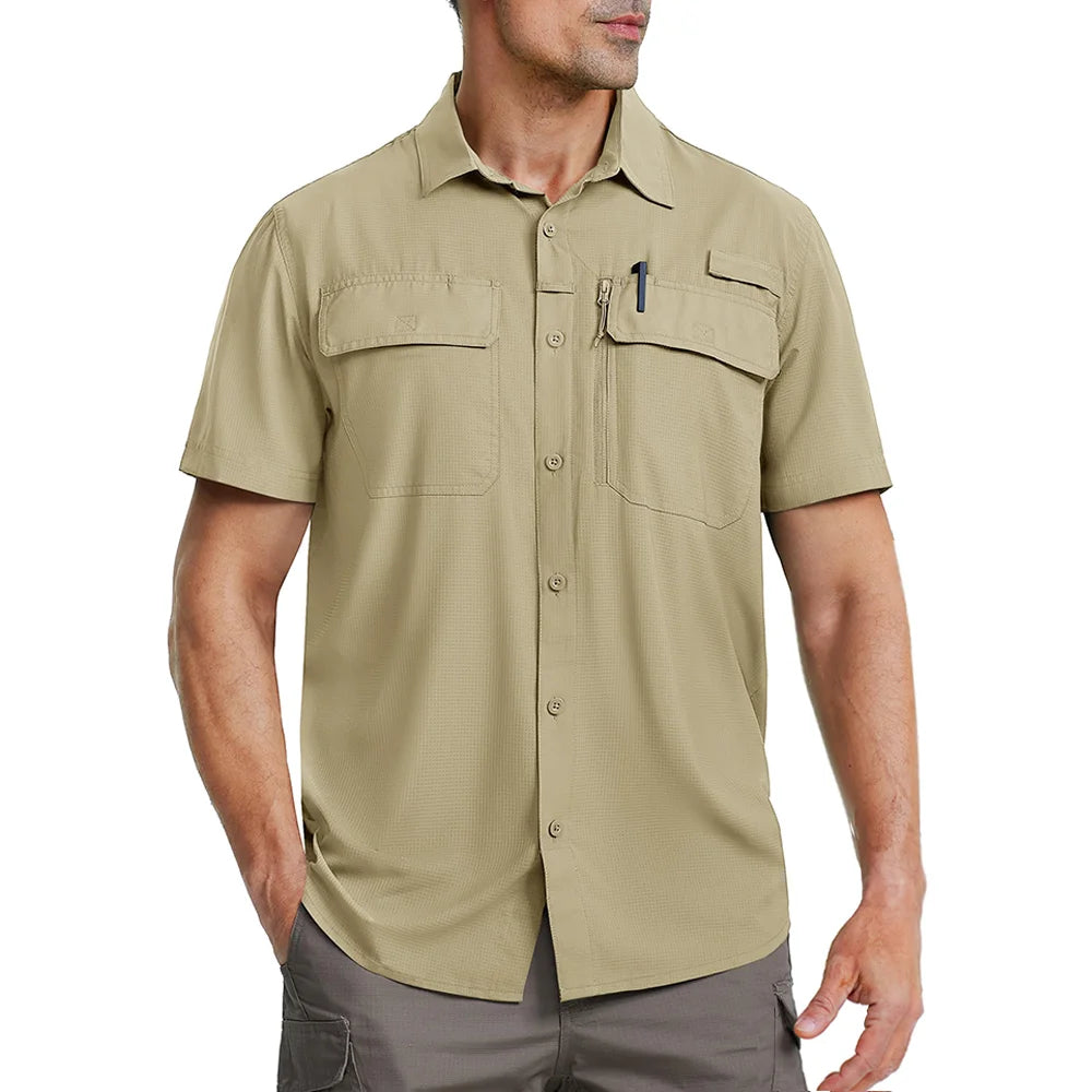 TACVASEN Quick Dry Short Sleeve Shirts Men's UPF 50+ Sun Protection Work Cargo Shirts Mesh Breathable Hiking Fishing Shirts Man