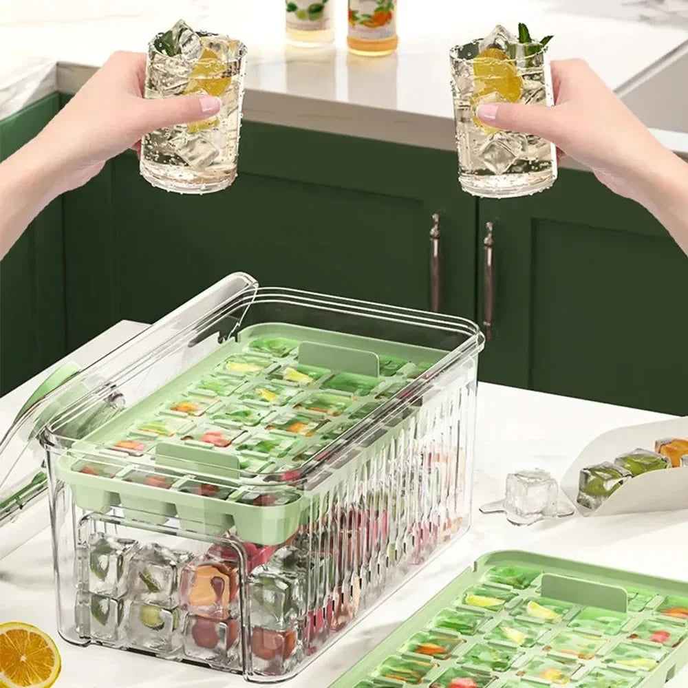 34/68 Cavity Double-Layer Press Type Ice Cube Tray with Storage Box Quick-Freeze Ice Maker Kitchen Gadget in Green and Yellow