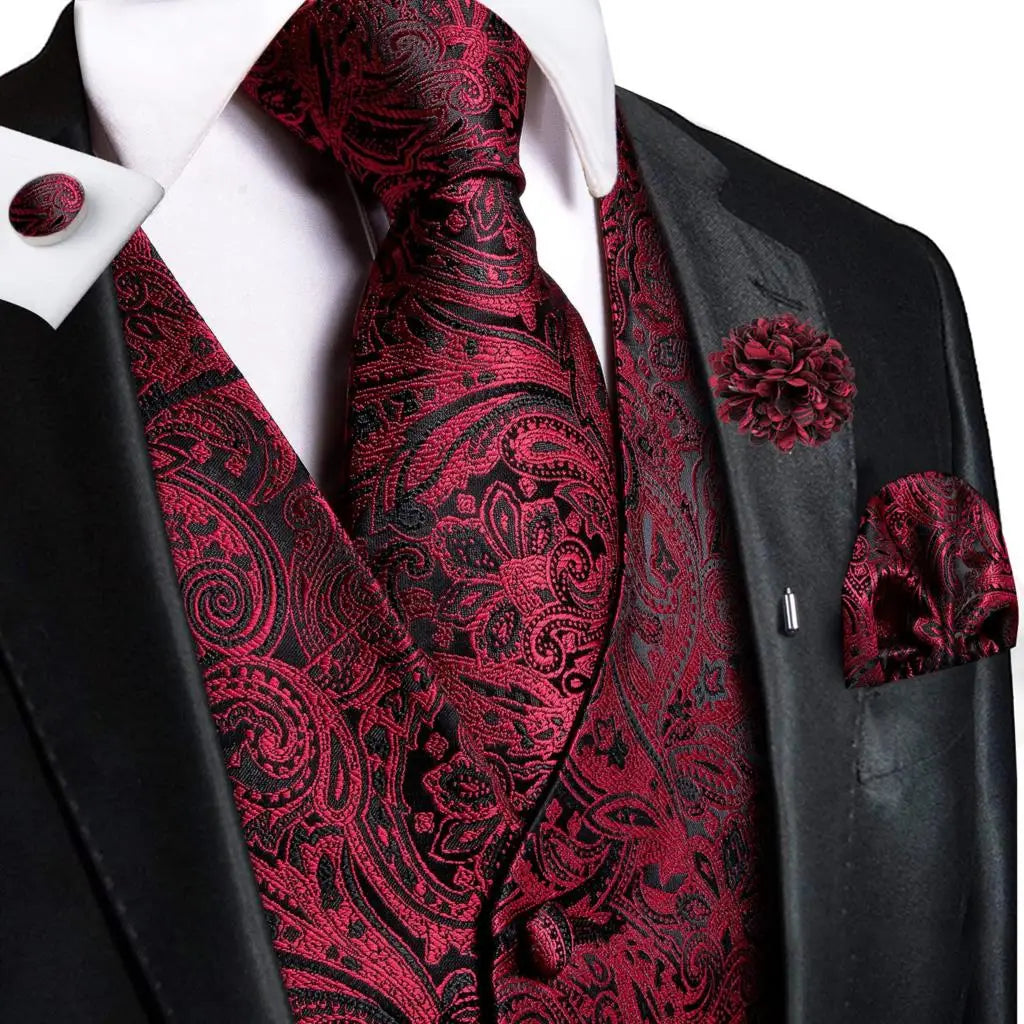 Hi-Tie High Quality Silk Mens Vests Champagne Paisley Waistcoat Neck Tie Hanky Cufflinks Brooch Set for Men Suit Wedding Office