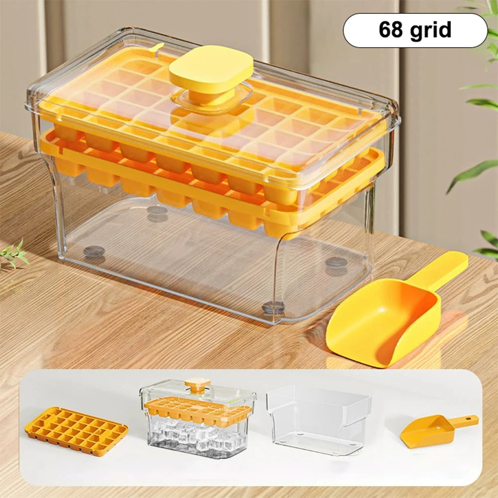 34/68 Cavity Double-Layer Press Type Ice Cube Tray with Storage Box Quick-Freeze Ice Maker Kitchen Gadget in Green and Yellow
