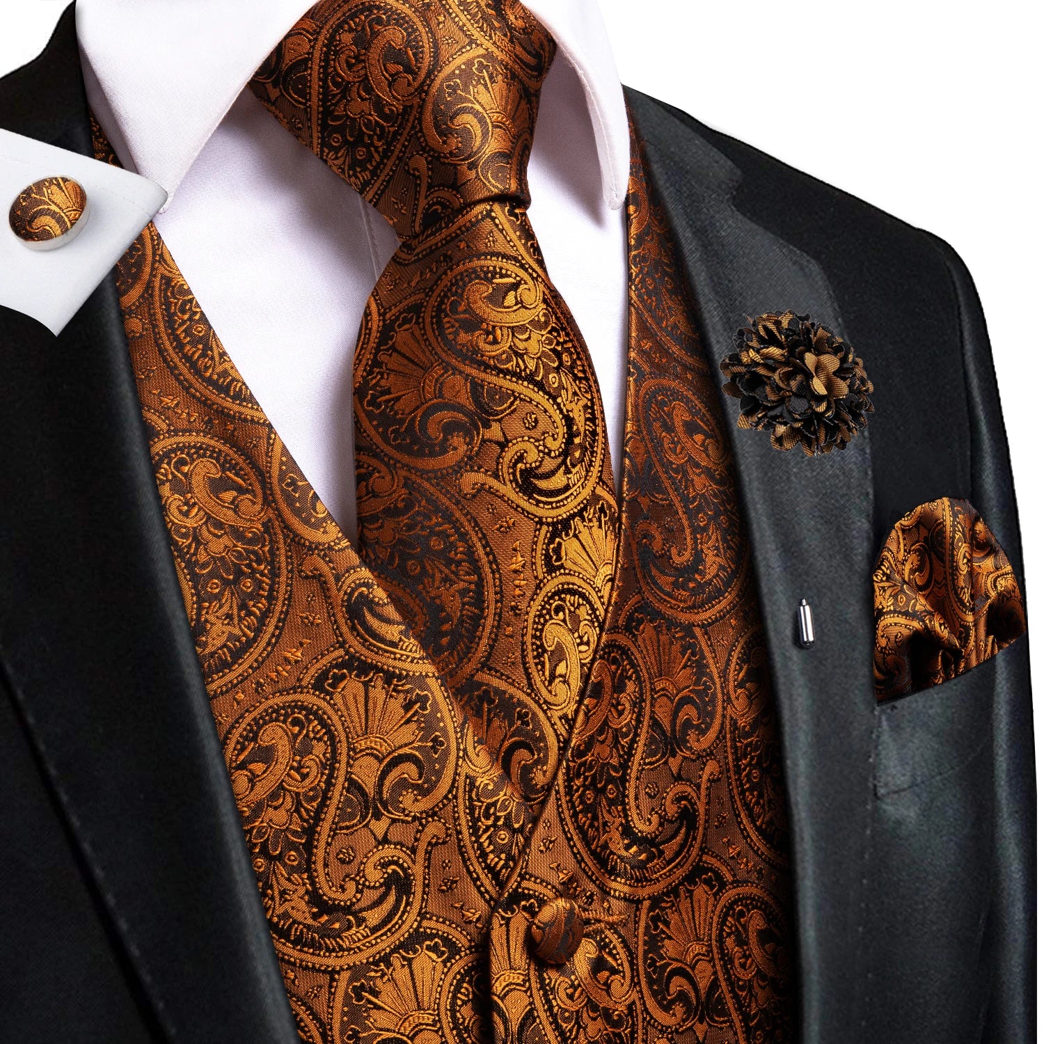 Hi-Tie High Quality Silk Mens Vests Champagne Paisley Waistcoat Neck Tie Hanky Cufflinks Brooch Set for Men Suit Wedding Office