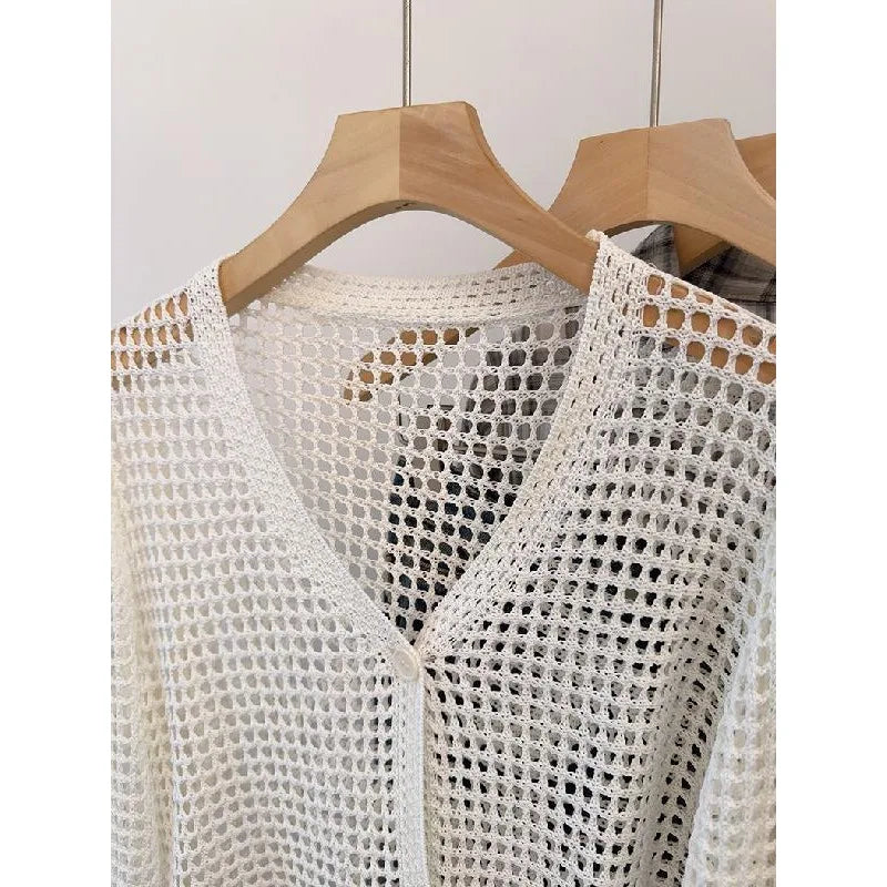 2024 Sun Protection Hollow Out Knitted Ins Cardigan Women's Summer Mesh Solid Thin Outer Wear Simple Short Chic Top