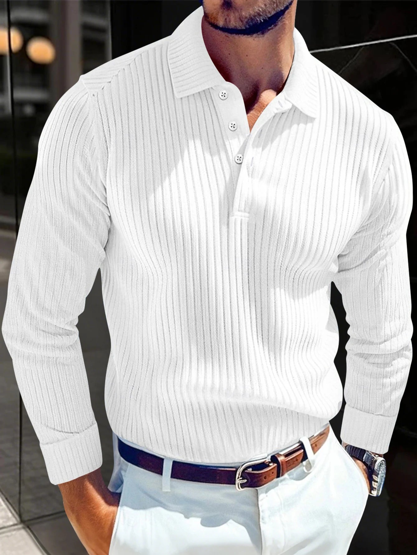 New Light Luxury Light Business Mature Casual Men Sports Retro Style Striped Fashion Men Outdoor Long Sleeve POLO Shirt