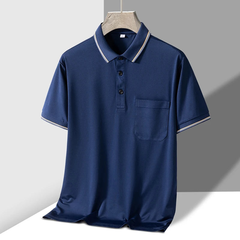 TFETTERS Polo Mens Tshirt for Dady Short Sleeve Turn Down Collar Business Anti-wrinkle Real Pocket Design Polo Shirt Man