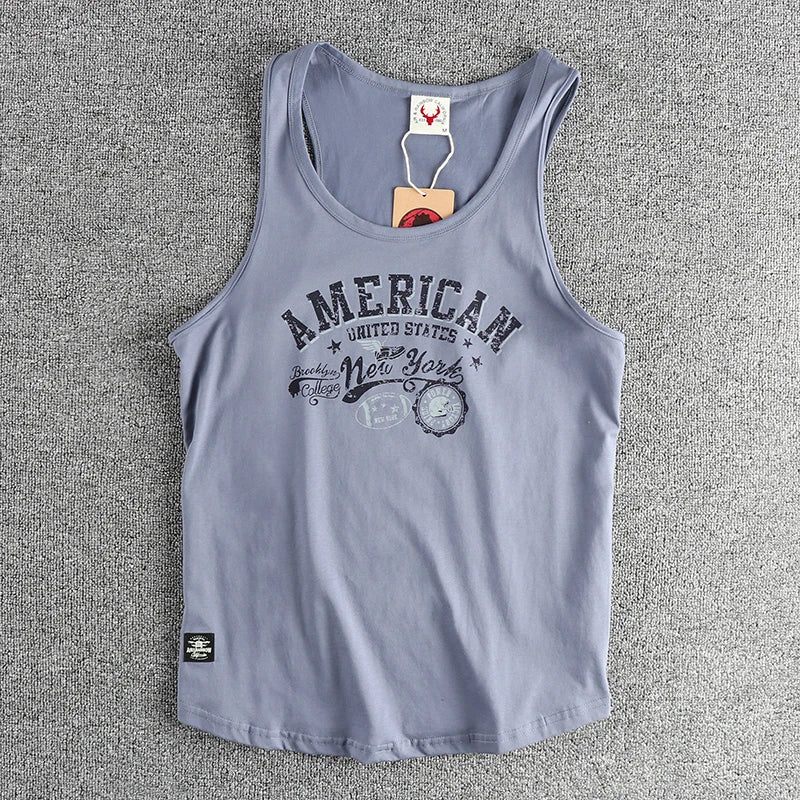Retro trend letter pattern men's sweat vest all cotton wash fitness sports sleeveless vest T-shirt