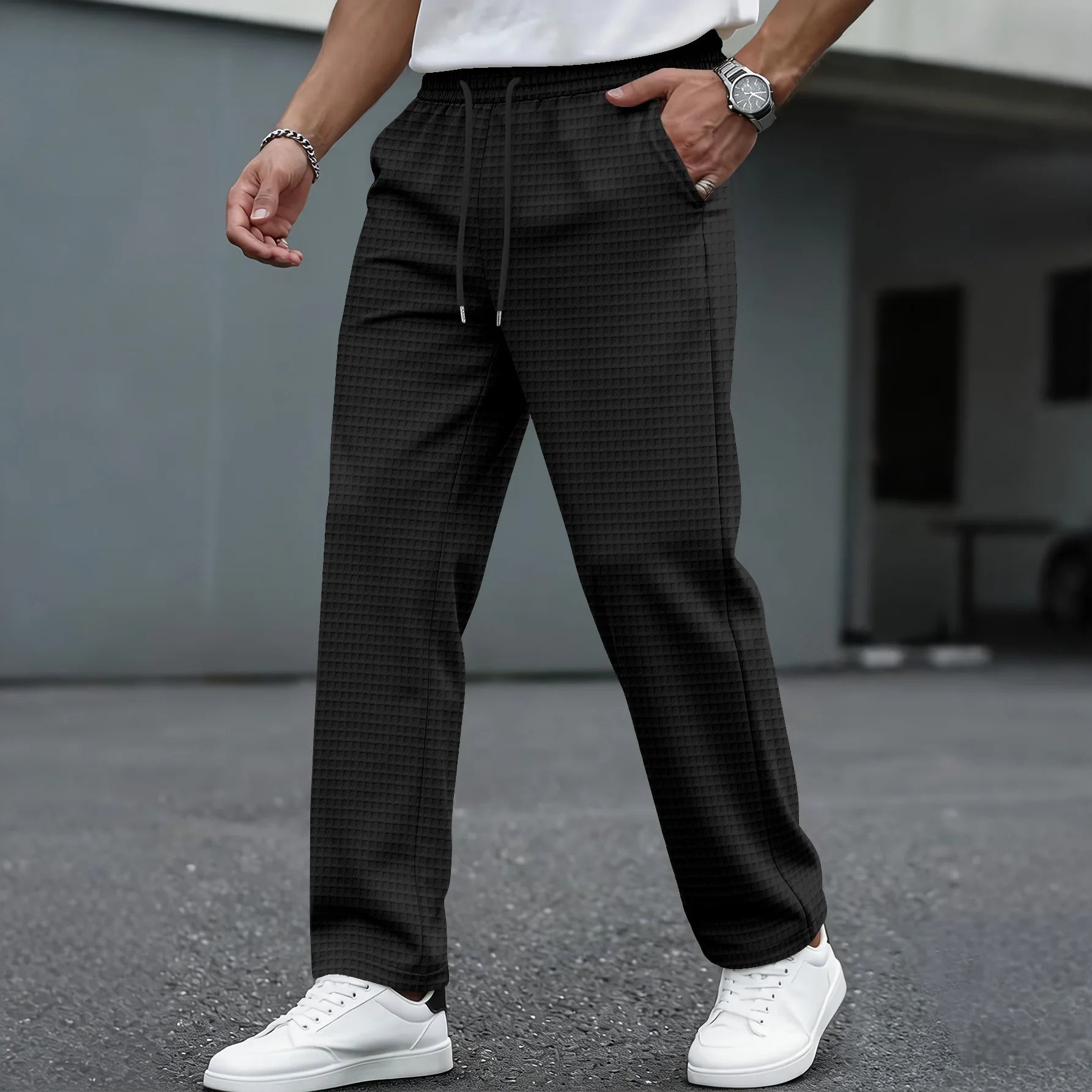 Men's Waffle Knit Casual Pants, with Elastic Waist Design, Straight-Leg Fit, Suitable for Daily Wear, for Street Style Outfits.