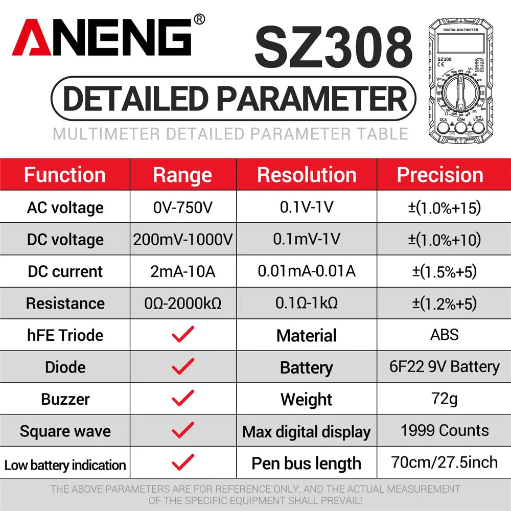 ANENG SZ308 Digital Multimeter – AC/DC Voltage & Current Tester