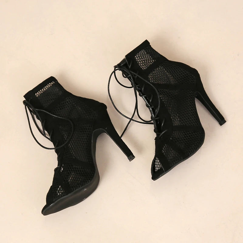 Sexy High Heels Hollow Mesh Sandals Women Summer Cross-tied Peep Toe Heeled Sandals Ankle Strap Dance Shoes Black Net Sandals