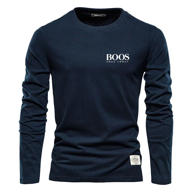 Embroidered 100% Pure Cotton Round Neck Long Sleeved Leisure Sports T-shirt for Men's High-quality Casual Outdoor Sports