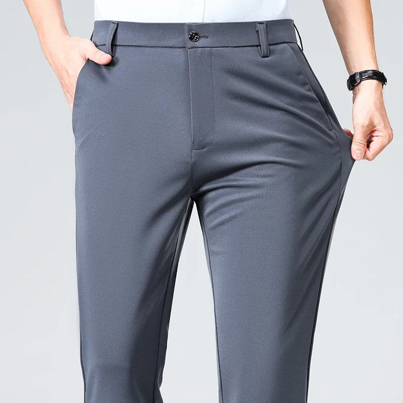 Spring Summer Stretch Smooth Trousers Men Classic Business Elastic Waist Pants Thin Black Gray Blue Casual Suit Pants Male Brand