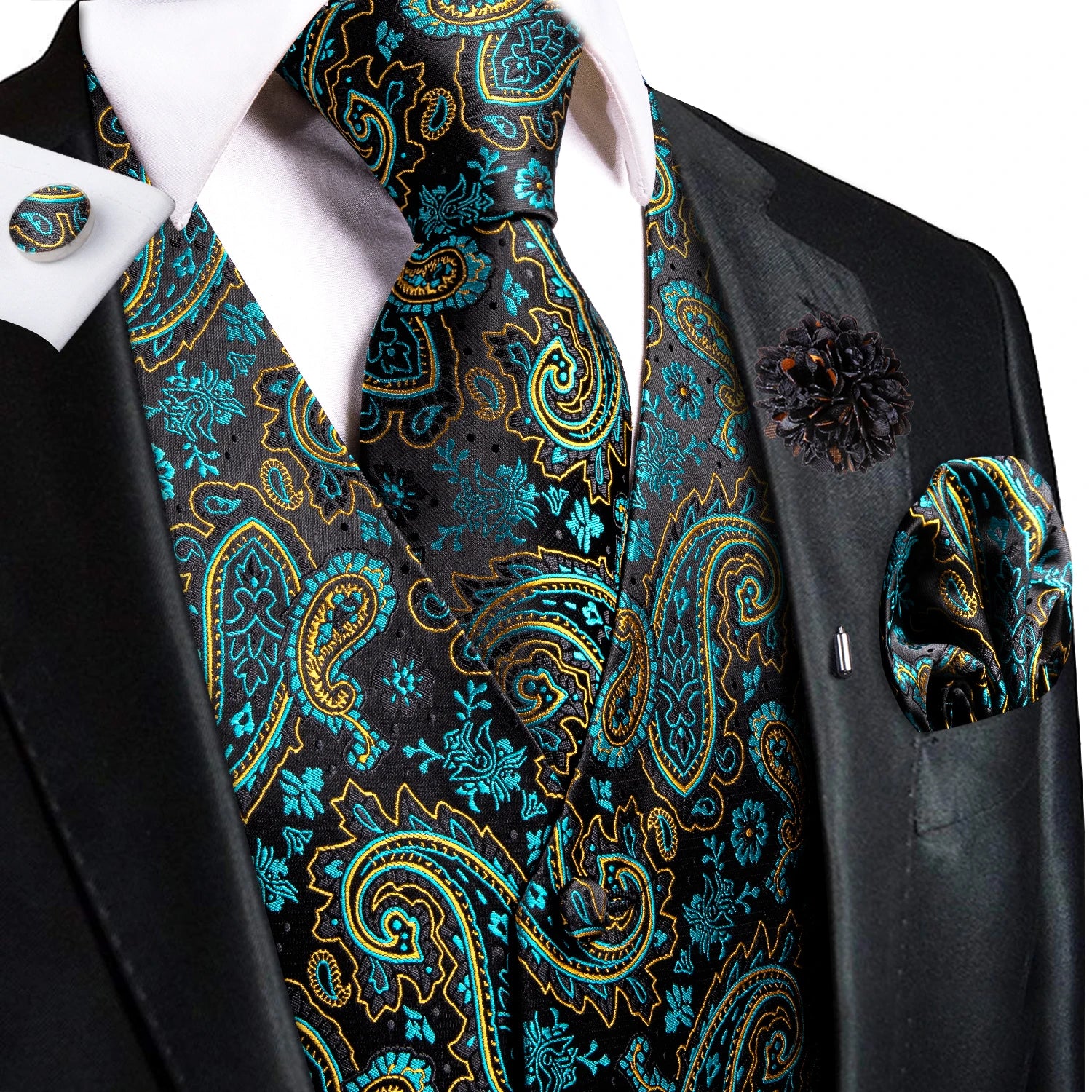 Hi-Tie High Quality Silk Mens Vests Champagne Paisley Waistcoat Neck Tie Hanky Cufflinks Brooch Set for Men Suit Wedding Office