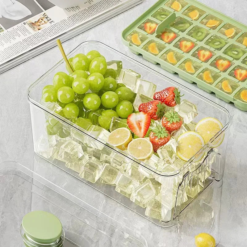 34/68 Cavity Double-Layer Press Type Ice Cube Tray with Storage Box Quick-Freeze Ice Maker Kitchen Gadget in Green and Yellow
