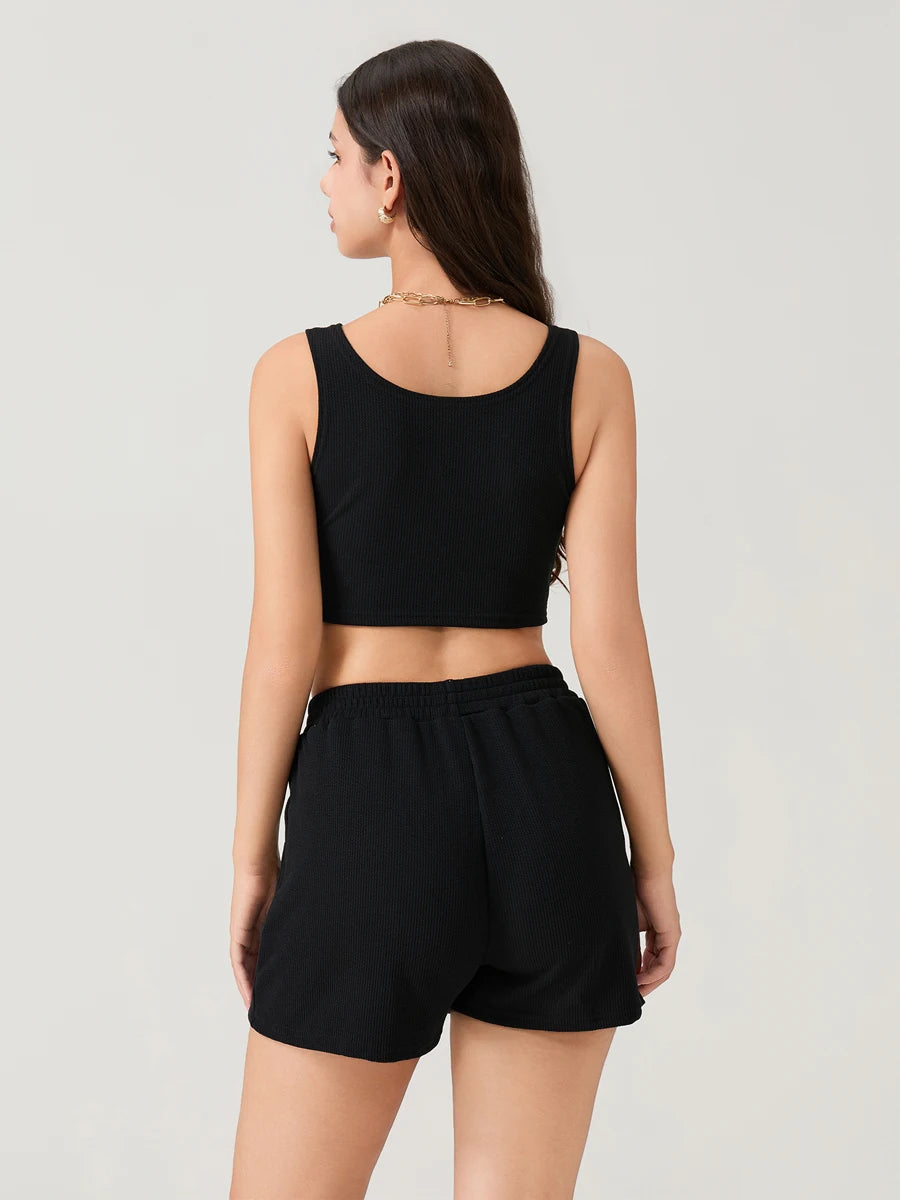 Women Shorts Outfit Solid Sleeveless Ribbed Crop Tank And Drawstring Shorts Casual Tracksuit Workout Set 2 Piece Lounge Set