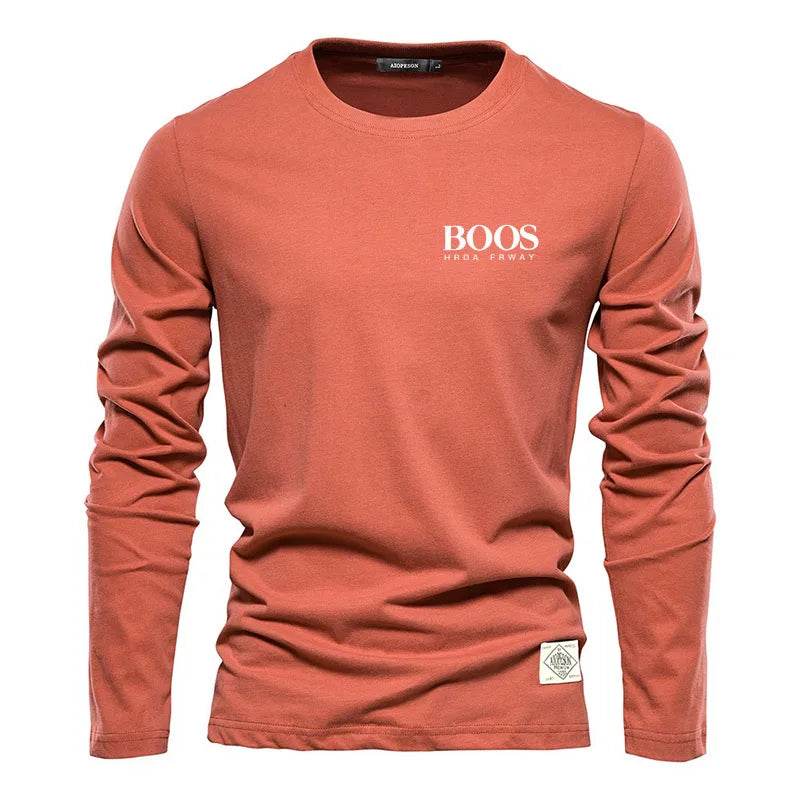 Embroidered 100% Pure Cotton Round Neck Long Sleeved Leisure Sports T-shirt for Men's High-quality Casual Outdoor Sports