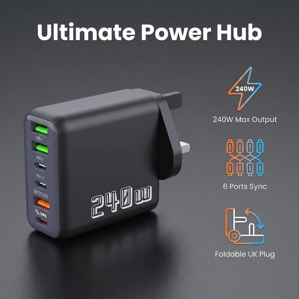240W Super Fast Charger UK 6-Port USB-C PD PPS QC5 Multi Device Charging Station Wall Charger Adapter For iPhone Samsung xiaomi