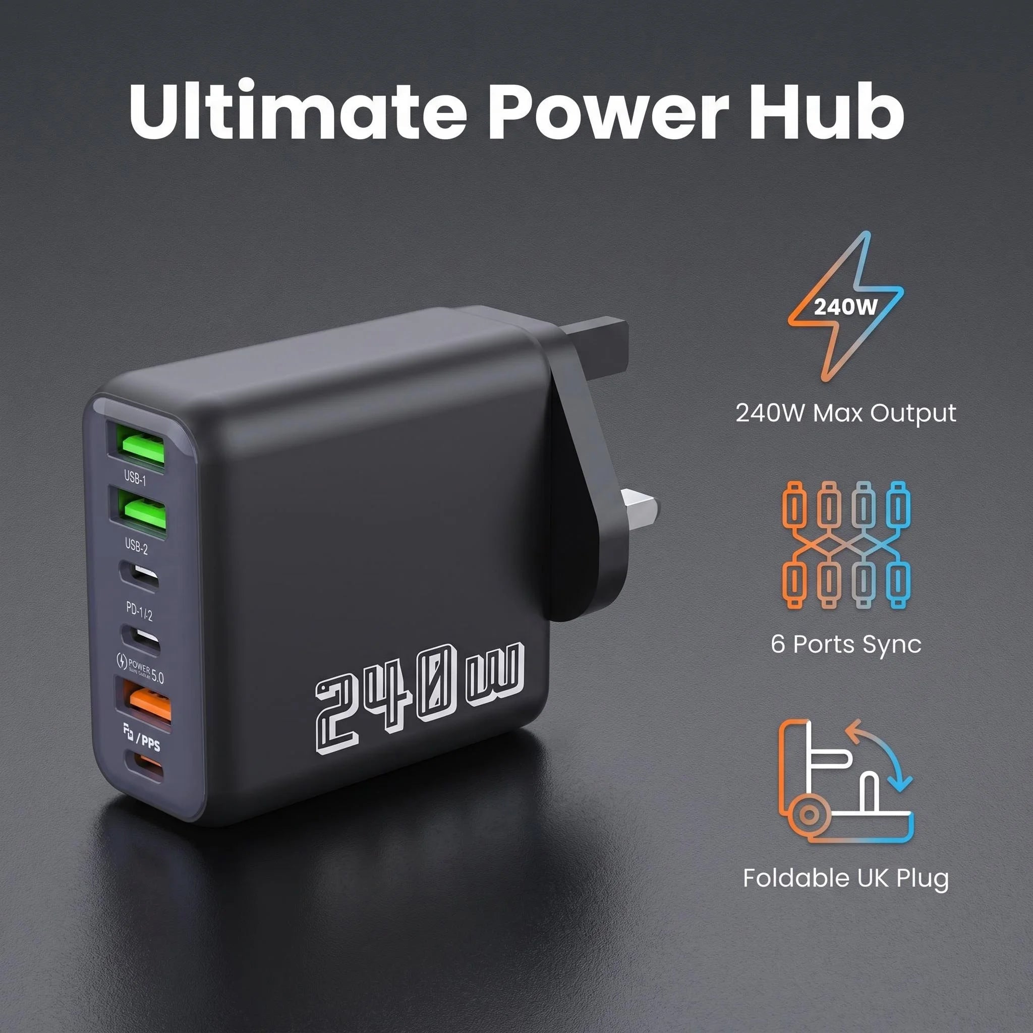 240W Super Fast Charger UK 6-Port USB-C PD PPS QC5 Multi Device Charging Station Wall Charger Adapter For iPhone Samsung xiaomi