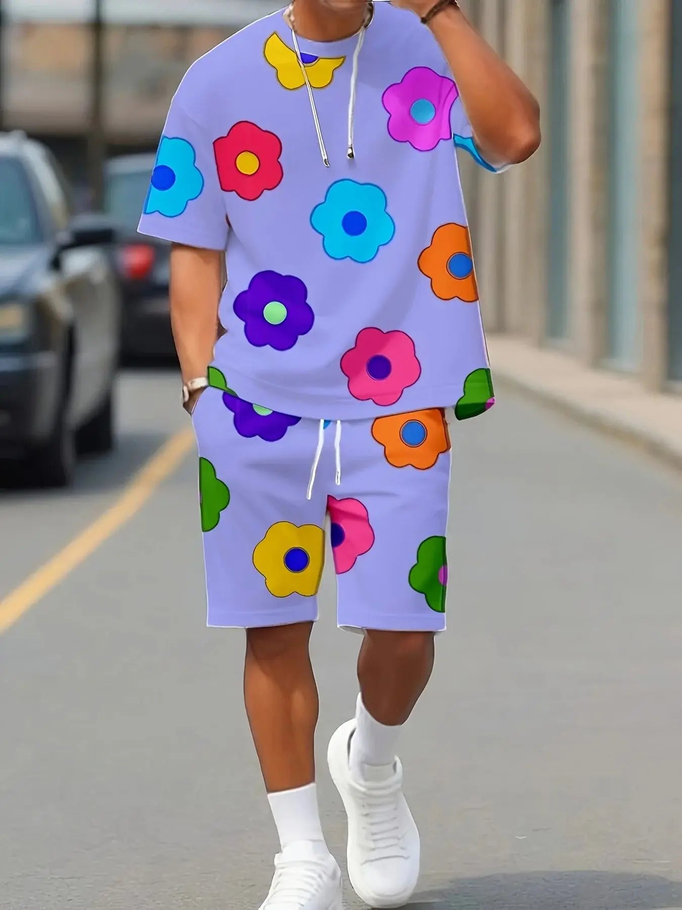 Summer 2025 new men's set with colorful flower prints, casual set with round neck, short sleeve T-shirt and shorts, summer outdo