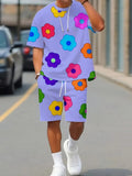Summer 2025 new men's set with colorful flower prints, casual set with round neck, short sleeve T-shirt and shorts, summer outdo