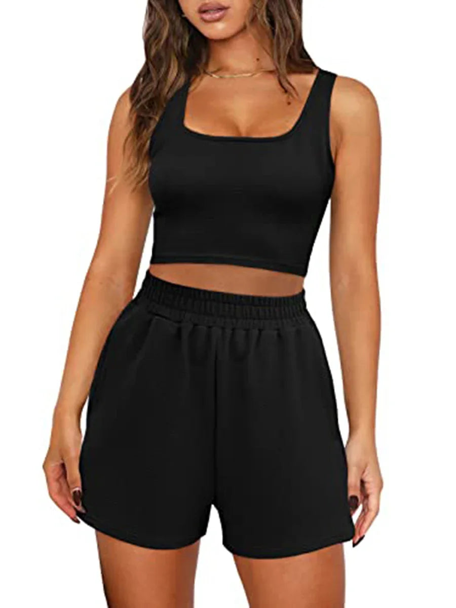 Women Shorts Outfit Solid Sleeveless Ribbed Crop Tank And Drawstring Shorts Casual Tracksuit Workout Set 2 Piece Lounge Set