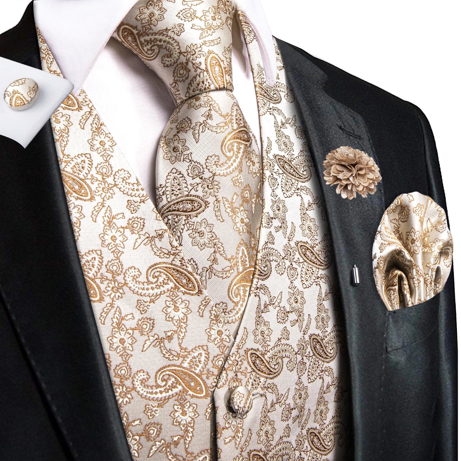 Hi-Tie High Quality Silk Mens Vests Champagne Paisley Waistcoat Neck Tie Hanky Cufflinks Brooch Set for Men Suit Wedding Office
