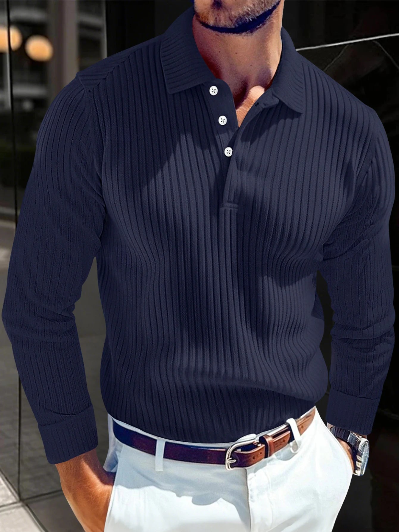New Light Luxury Light Business Mature Casual Men Sports Retro Style Striped Fashion Men Outdoor Long Sleeve POLO Shirt