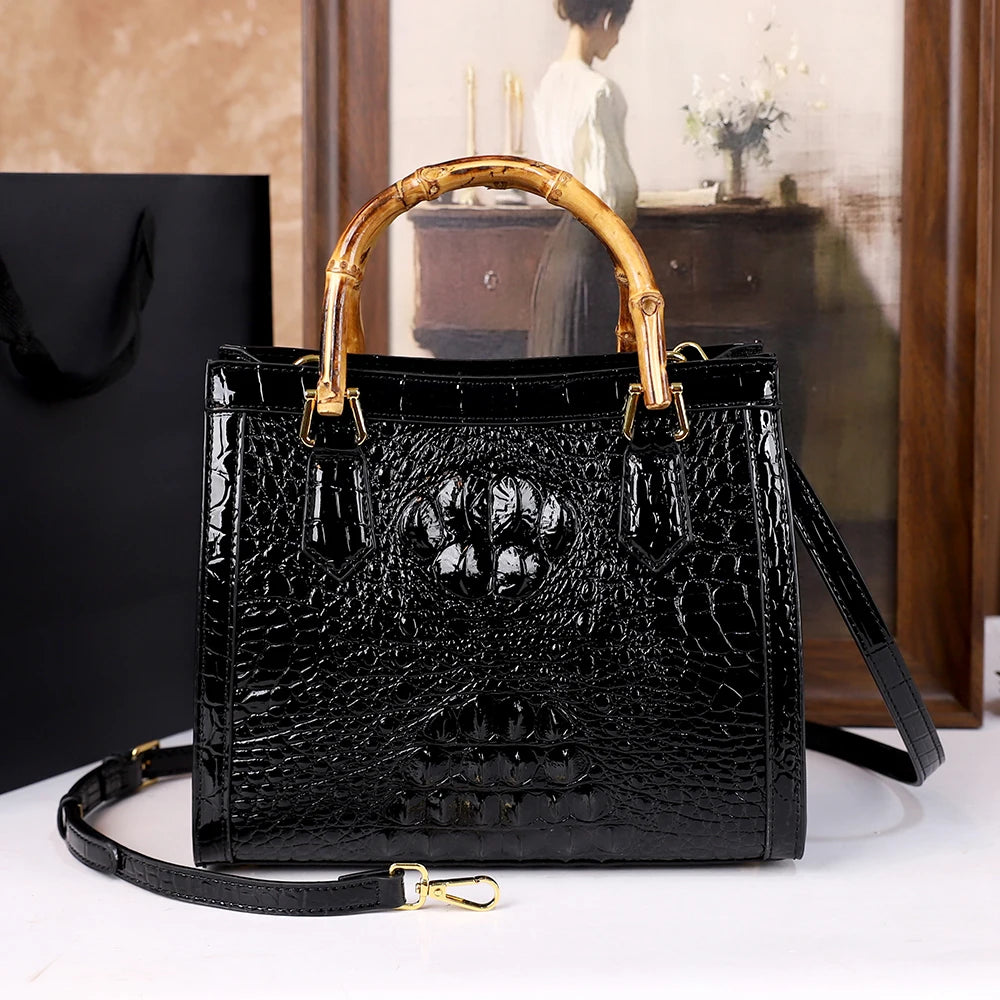 2025 New crocodile-patterned middle-aged mom bag, genuine bamboo joint handle handbag, high-end single-shoulder crossbody bag
