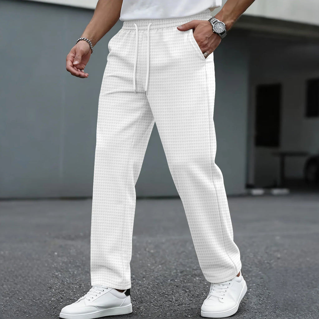 Men's Waffle Knit Casual Pants, with Elastic Waist Design, Straight-Leg Fit, Suitable for Daily Wear, for Street Style Outfits.