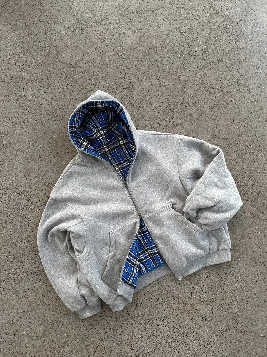 Korean Fashion Simple Gray Double-Sided Oversized Zipper Hoodie Women's Y2K New Harajuku Gothic Casual Joker Couple Street Wear