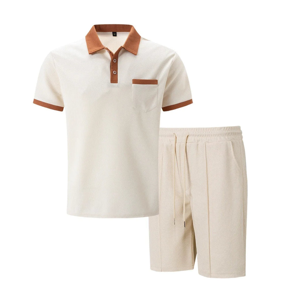2025 summer new men waffle pocket color matching POLO shirt short sleeve shirt T-shirt shorts two sets