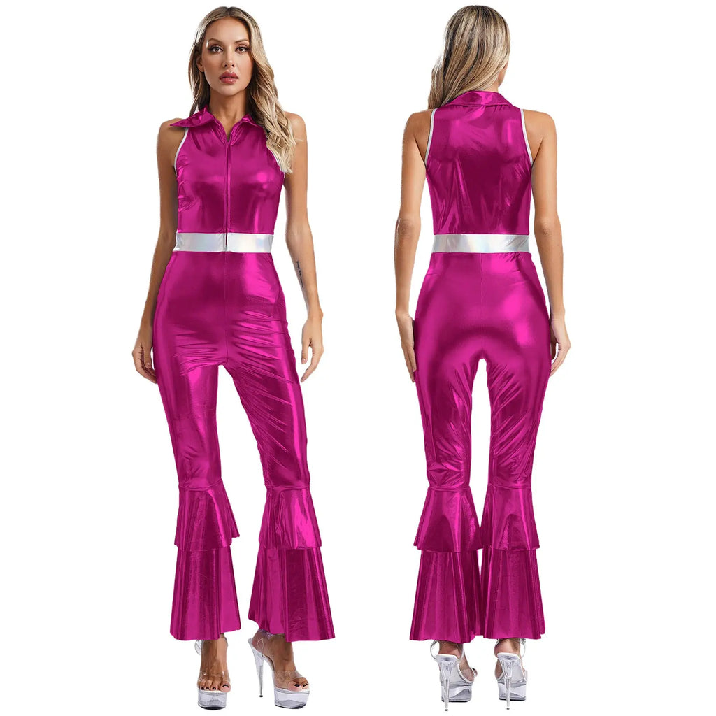Womens 70S Disco Vintage Jumpsuit Metallic Shiny Flare Sleeve Bodysuit Hippie Bell Bottom Jazz Dance Carnival Rave Party Costume