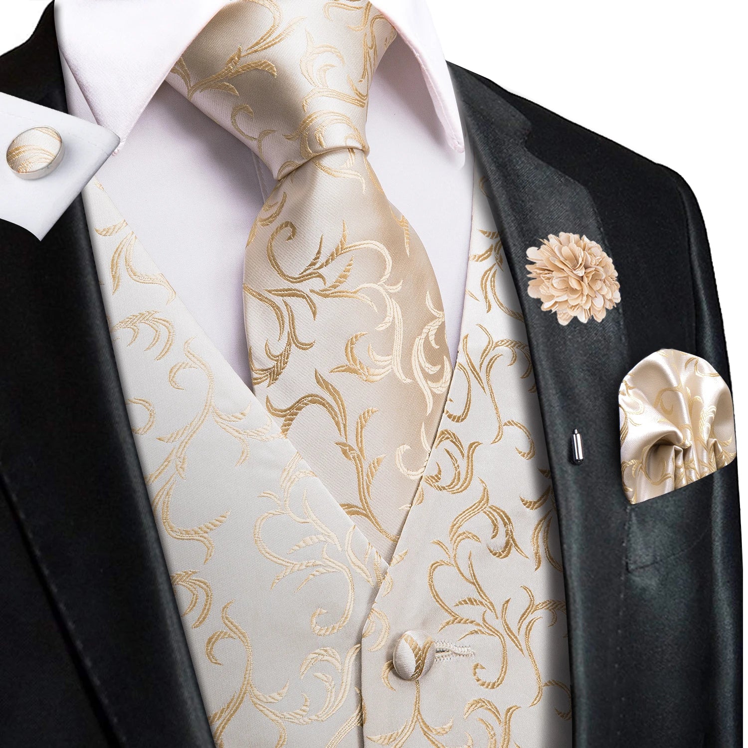 Hi-Tie High Quality Silk Mens Vests Champagne Paisley Waistcoat Neck Tie Hanky Cufflinks Brooch Set for Men Suit Wedding Office