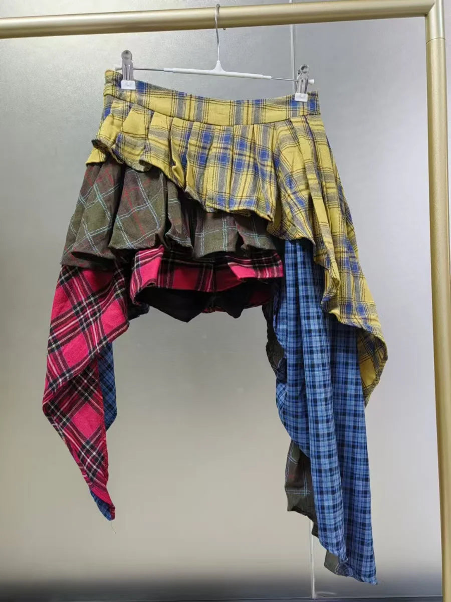 Real Photo Autumn Trend New Fashion Cotton Plaid Patchwork Irregular Skirt High Waist Pants Skirt Women's Streetwear Y2K Skirt