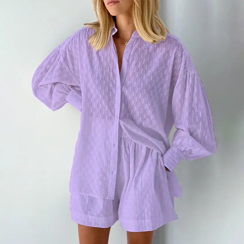 Women Jacquard Puff Sleeves Two Piece Sets for Summer Fashion Loose Shorts and Long Sleeved Shirt Outfits